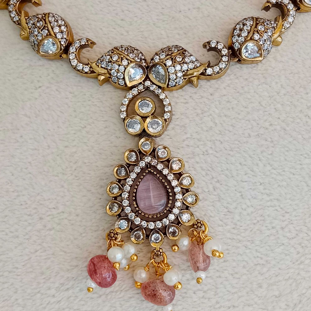 Handmade Brass Metal Jewellery Pink Pendant Necklace Set